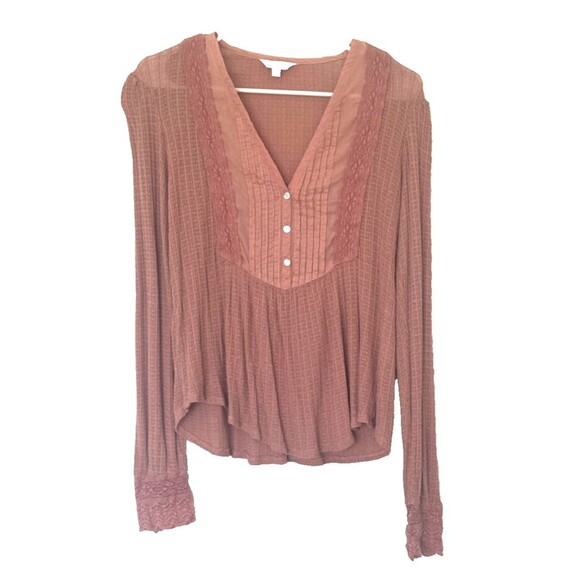 Lucky Brand Blouse Size M Pink Henley V-Neck Pleated Lace Romantic Boho Peasant - Picture 2 of 12